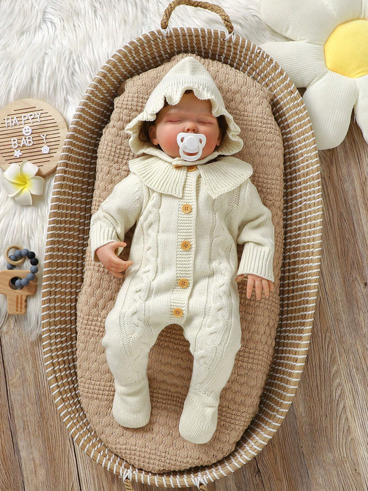 2pcs/Set Infant & Toddler Cute Autumn Beige Sweater Romper With Classic Twist Rope Design,Matching Ruffle Collar Long Sleeve Cardigan Jumpsuit & Hat