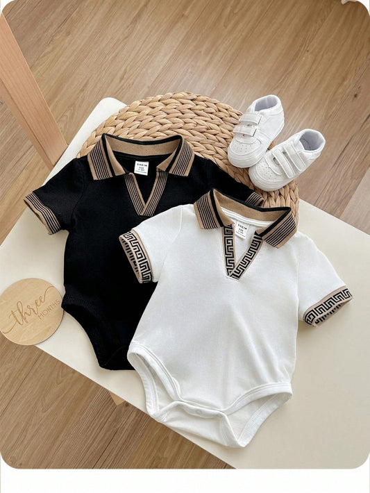 2pcs Set Newborn Baby Boy/Girl Casual College Style V-Neck Knitted Small Logo Print Bodysuit Outfit, Summer Party & Outdoor Wear