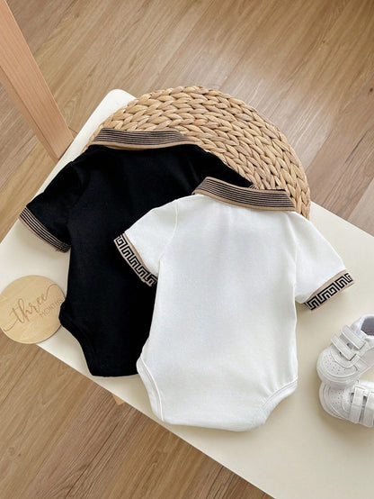 2pcs Set Newborn Baby Boy/Girl Casual College Style V-Neck Knitted Small Logo Print Bodysuit Outfit, Summer Party & Outdoor Wear