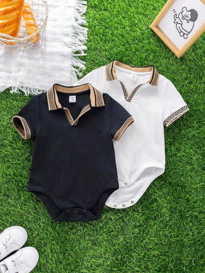 2pcs Set Newborn Baby Boy/Girl Casual College Style V-Neck Knitted Small Logo Print Bodysuit Outfit, Summer Party & Outdoor Wear