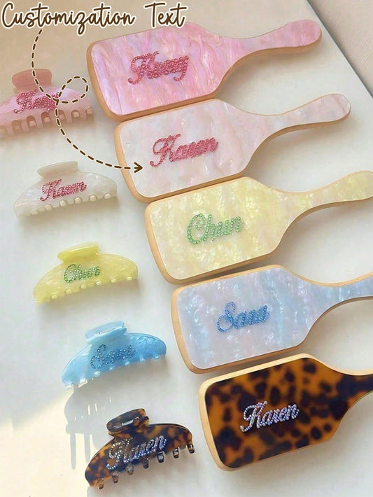 2pcs/Set Rhinestone Set, Personalized Name Claw Clip, Women's Acrylic Glitter Customized Marble Pattern Hair Comb & Clip Set, Bridal Party Bridesmaid Gift, Valentine's Day Gift, Women Hair Accessories