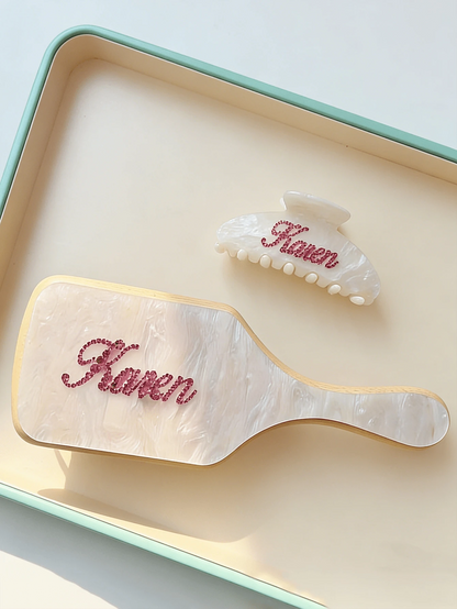 2pcs/Set Rhinestone Set, Personalized Name Claw Clip, Women's Acrylic Glitter Customized Marble Pattern Hair Comb & Clip Set, Bridal Party Bridesmaid Gift, Valentine's Day Gift, Women Hair Accessories