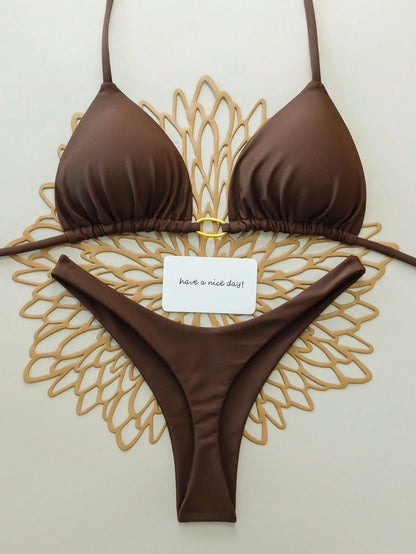 2pcs/Set Solid Color Sexy Tie Back Bikini Swimwear For Women, Summer Beach, Stage And Performance Vacation Brown, Pool Party