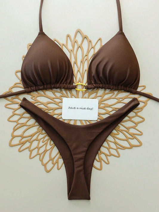 2pcs/Set Solid Color Sexy Tie Back Bikini Swimwear For Women, Summer Beach, Stage And Performance Vacation Brown, Pool Party