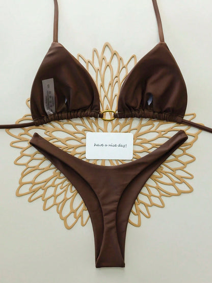 2pcs/Set Solid Color Sexy Tie Back Bikini Swimwear For Women, Summer Beach, Stage And Performance Vacation Brown, Pool Party