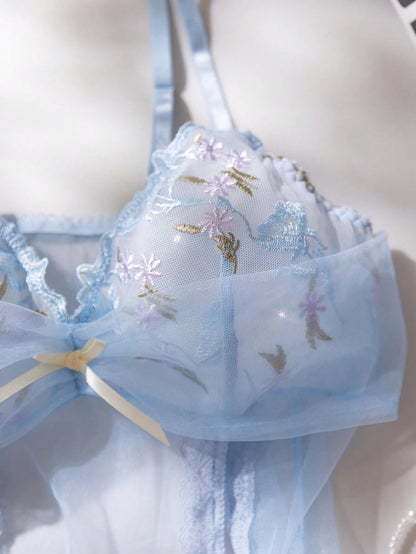 2pcs/Set Women Solid Color Embroidered Sheer Camisole Nightgown And Thong Panty Set