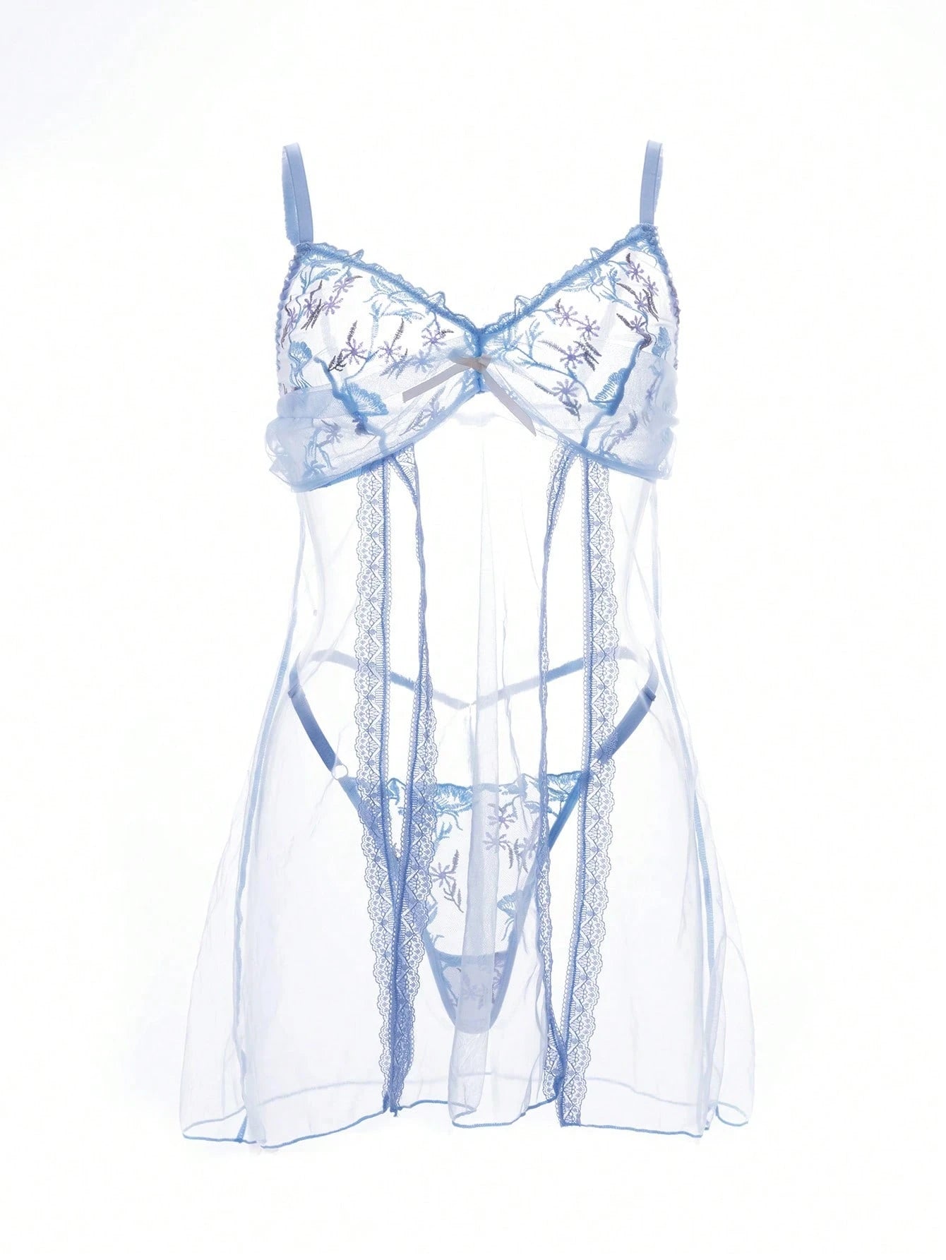 2pcs/Set Women Solid Color Embroidered Sheer Camisole Nightgown And Thong Panty Set