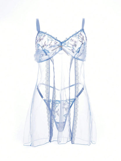 2pcs/Set Women Solid Color Embroidered Sheer Camisole Nightgown And Thong Panty Set
