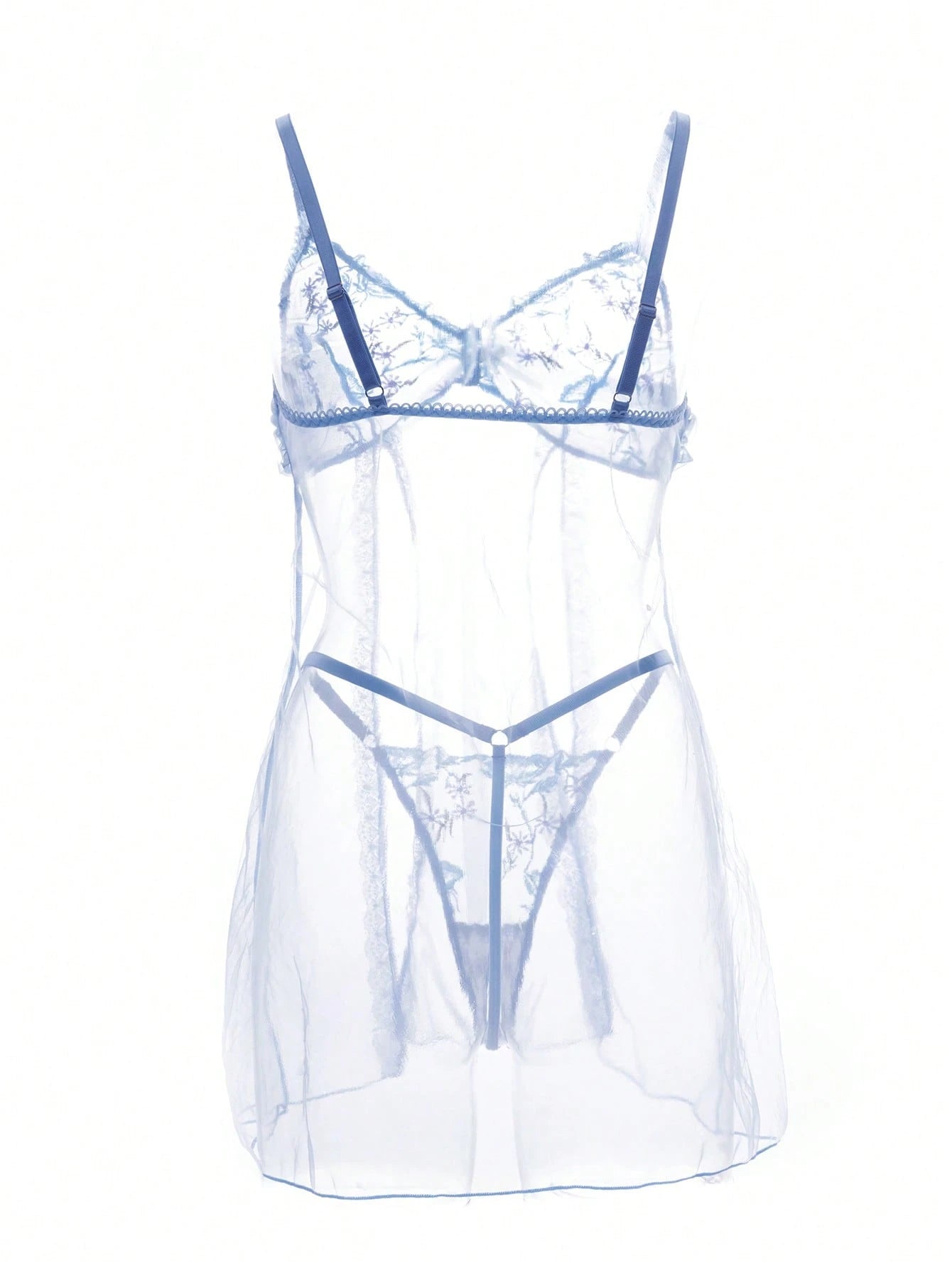 2pcs/Set Women Solid Color Embroidered Sheer Camisole Nightgown And Thong Panty Set