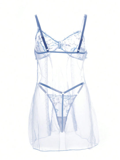 2pcs/Set Women Solid Color Embroidered Sheer Camisole Nightgown And Thong Panty Set