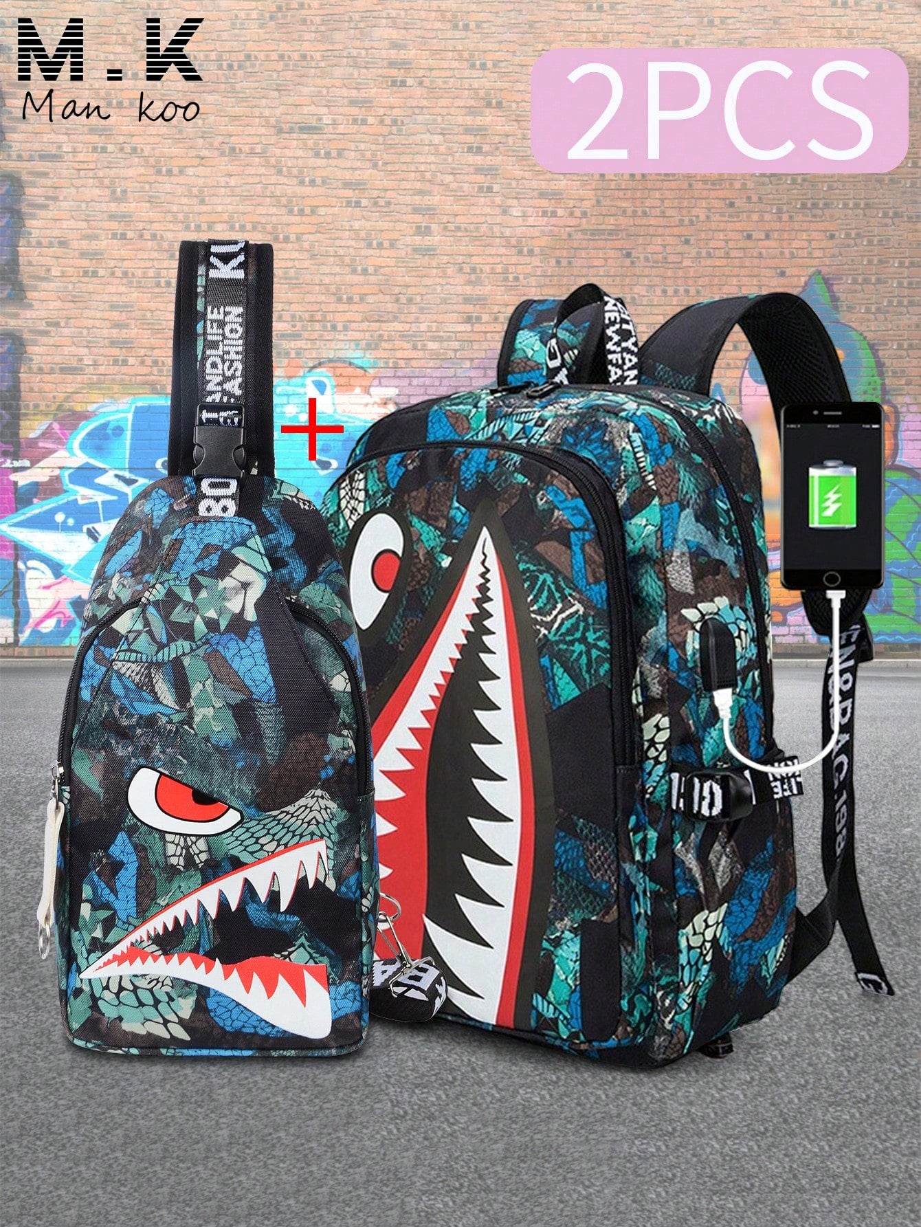 2pcs Shark Backpack + Chest Bag Set, Large Capacity Oversized Backpack, Personalized Full Print School Bag, Suitable For School, Travel, Vacation, Oxford Fabric, Back To School Campus Style Combinatio