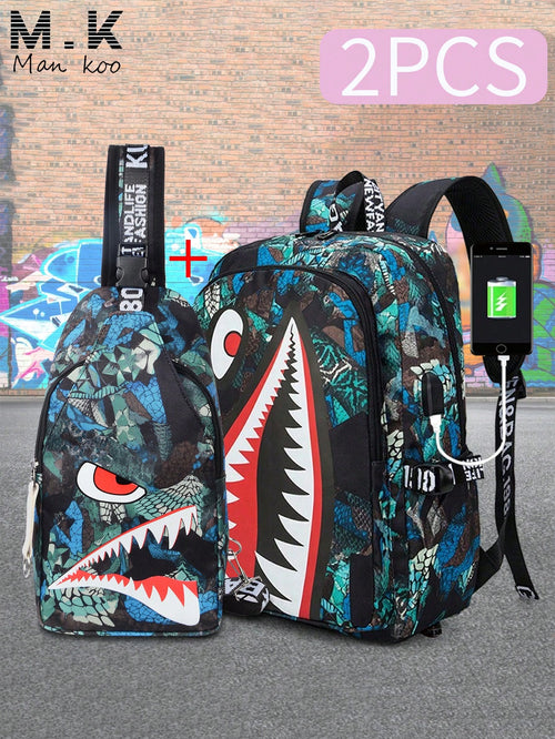 2pcs Shark Backpack + Chest Bag Set, Large Capacity Oversized Backpack, Personalized Full Print School Bag, Suitable For School, Travel, Vacation, Oxford Fabric, Back To School Campus Style Combinatio
