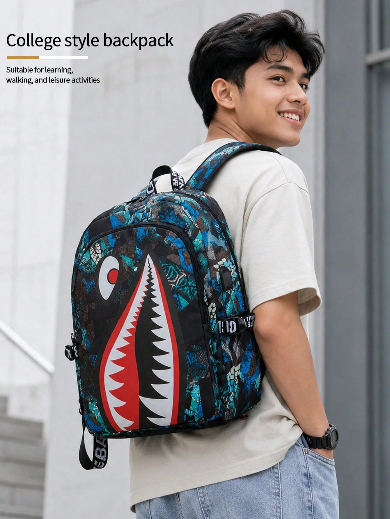 2pcs Shark Backpack + Chest Bag Set, Large Capacity Oversized Backpack, Personalized Full Print School Bag, Suitable For School, Travel, Vacation, Oxford Fabric, Back To School Campus Style Combinatio