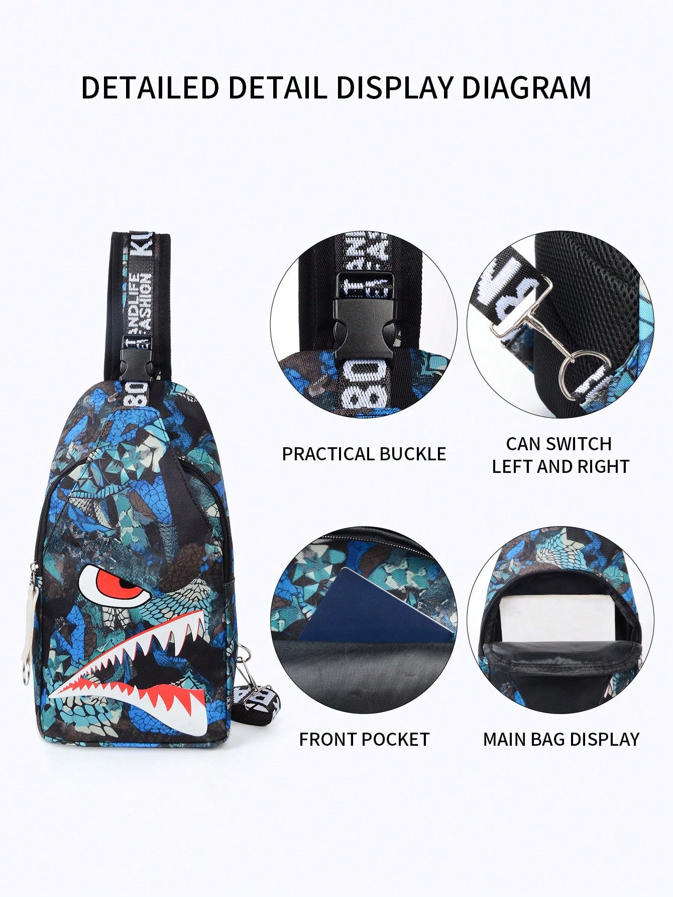 2pcs Shark Backpack + Chest Bag Set, Large Capacity Oversized Backpack, Personalized Full Print School Bag, Suitable For School, Travel, Vacation, Oxford Fabric, Back To School Campus Style Combinatio