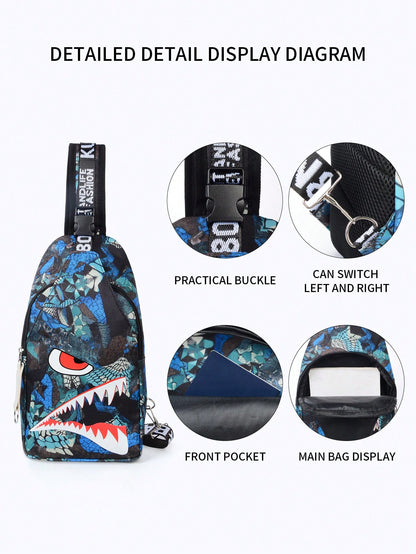 2pcs Shark Backpack + Chest Bag Set, Large Capacity Oversized Backpack, Personalized Full Print School Bag, Suitable For School, Travel, Vacation, Oxford Fabric, Back To School Campus Style Combinatio