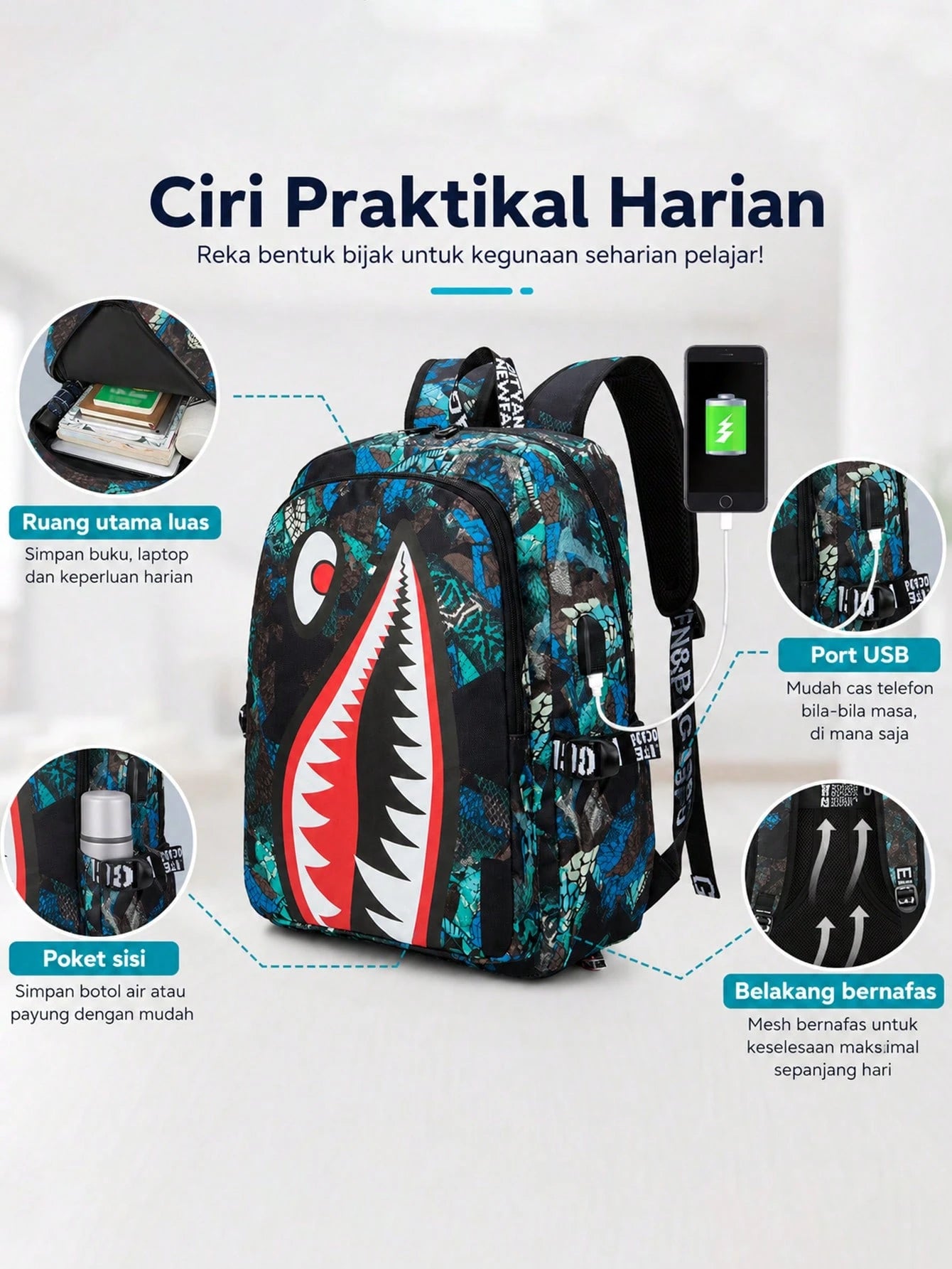 2pcs Shark Backpack + Chest Bag Set, Large Capacity Oversized Backpack, Personalized Full Print School Bag, Suitable For School, Travel, Vacation, Oxford Fabric, Back To School Campus Style Combinatio