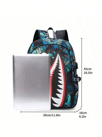 2pcs Shark Backpack + Chest Bag Set, Large Capacity Oversized Backpack, Personalized Full Print School Bag, Suitable For School, Travel, Vacation, Oxford Fabric, Back To School Campus Style Combinatio