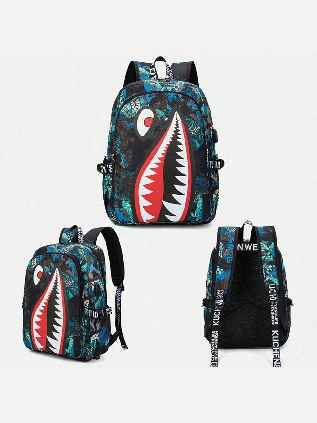 2pcs Shark Backpack + Chest Bag Set, Large Capacity Oversized Backpack, Personalized Full Print School Bag, Suitable For School, Travel, Vacation, Oxford Fabric, Back To School Campus Style Combinatio