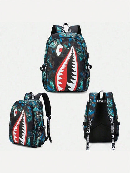2pcs Shark Backpack + Chest Bag Set, Large Capacity Oversized Backpack, Personalized Full Print School Bag, Suitable For School, Travel, Vacation, Oxford Fabric, Back To School Campus Style Combinatio