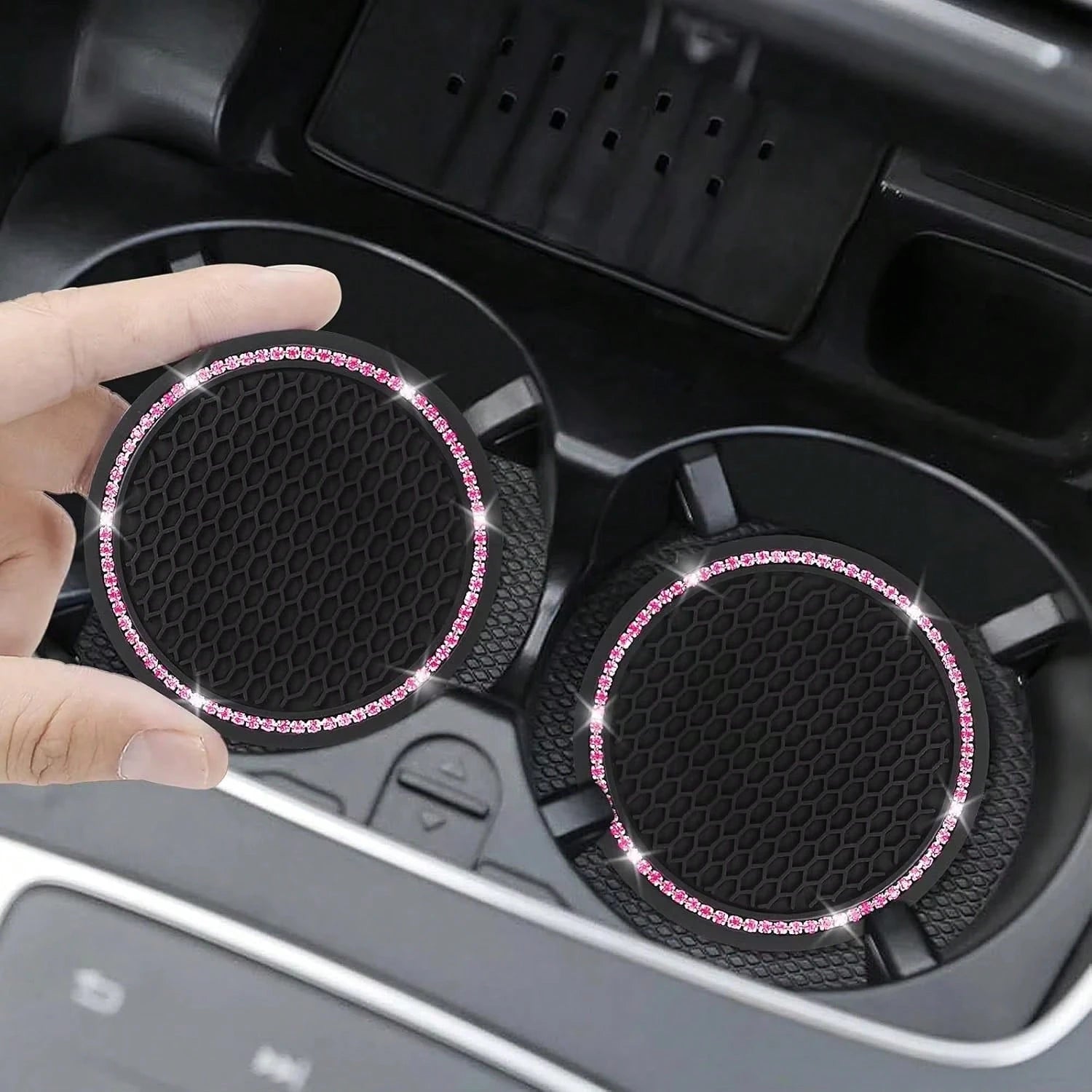 2pcs Shiny Car Cup Holder Coasters, Silicone Non-Slip Cup Mats With Pink Rhinestones, Universal Round Car Cup Holder Pads, Women Car Interior Accessories