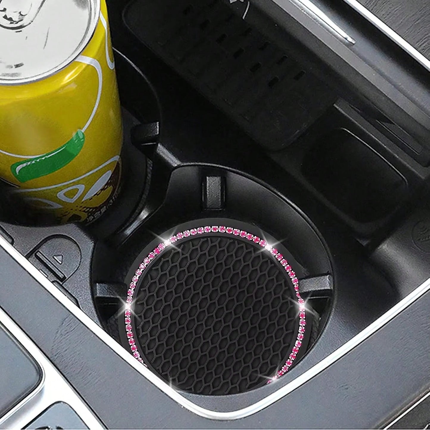 2pcs Shiny Car Cup Holder Coasters, Silicone Non-Slip Cup Mats With Pink Rhinestones, Universal Round Car Cup Holder Pads, Women Car Interior Accessories