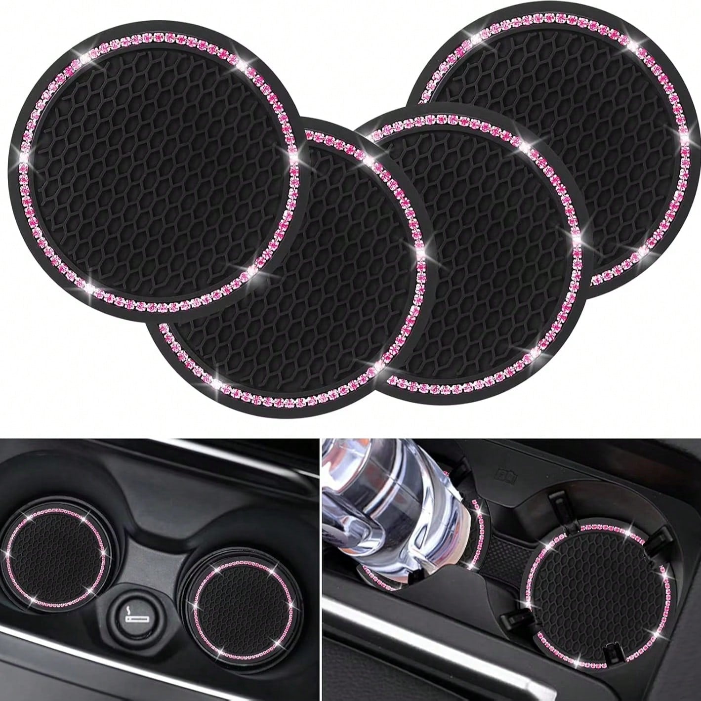 2pcs Shiny Car Cup Holder Coasters, Silicone Non-Slip Cup Mats With Pink Rhinestones, Universal Round Car Cup Holder Pads, Women Car Interior Accessories