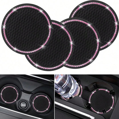 2pcs Shiny Car Cup Holder Coasters, Silicone Non-Slip Cup Mats With Pink Rhinestones, Universal Round Car Cup Holder Pads, Women Car Interior Accessories