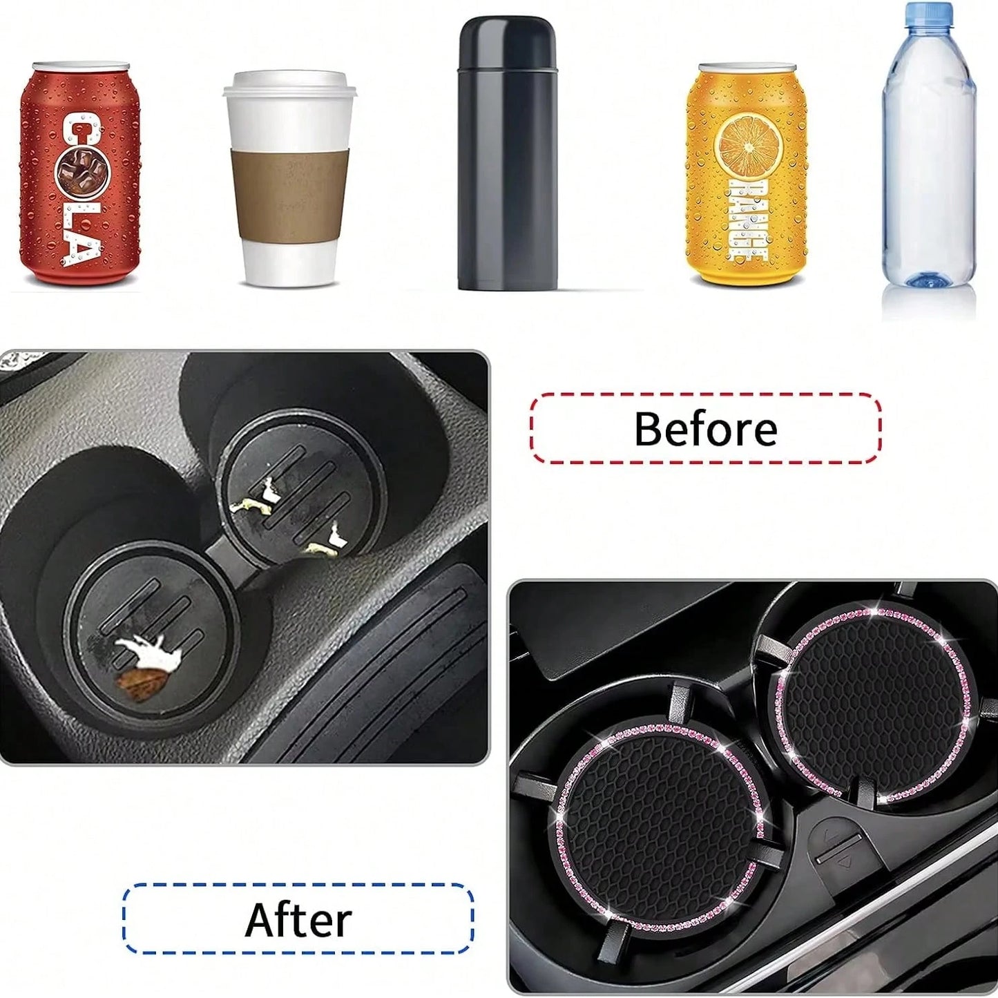 2pcs Shiny Car Cup Holder Coasters, Silicone Non-Slip Cup Mats With Pink Rhinestones, Universal Round Car Cup Holder Pads, Women Car Interior Accessories