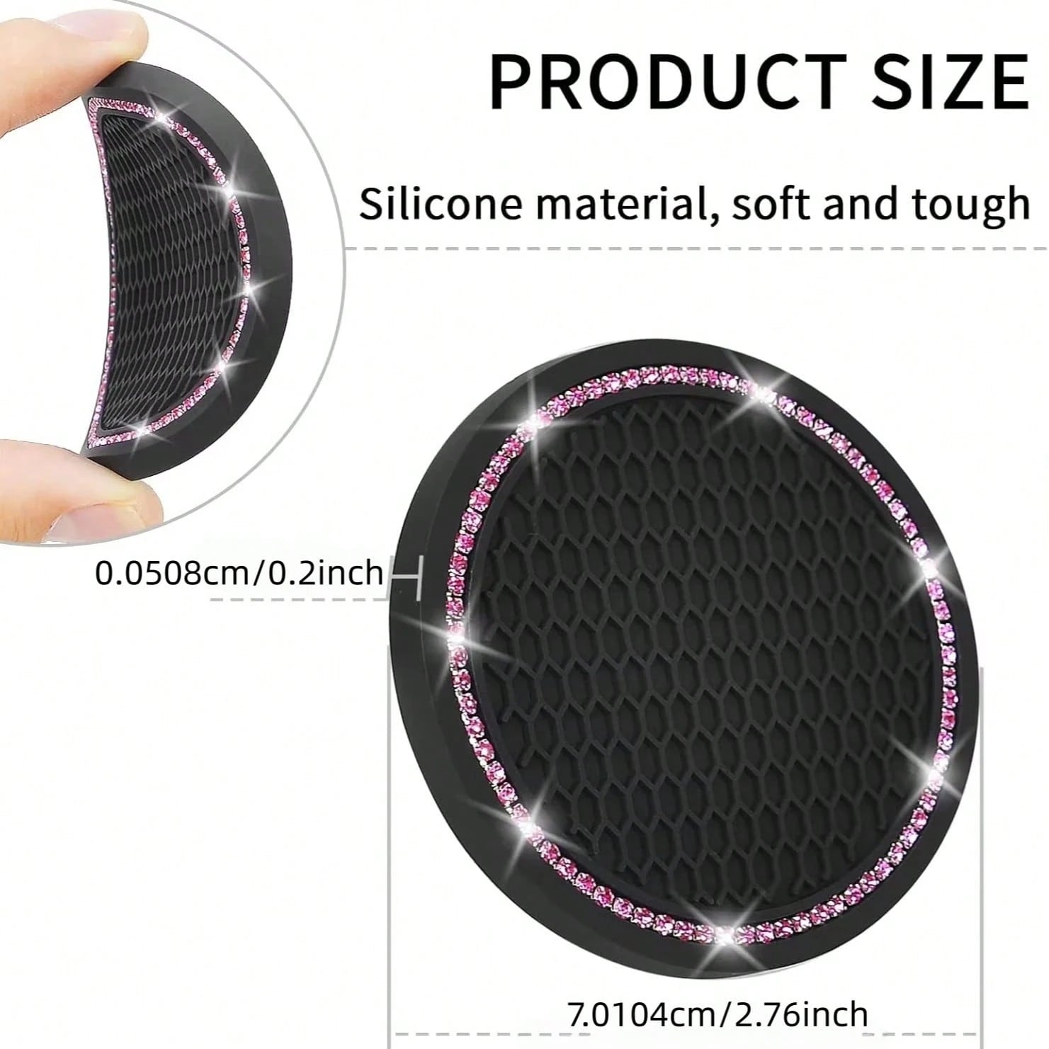 2pcs Shiny Car Cup Holder Coasters, Silicone Non-Slip Cup Mats With Pink Rhinestones, Universal Round Car Cup Holder Pads, Women Car Interior Accessories