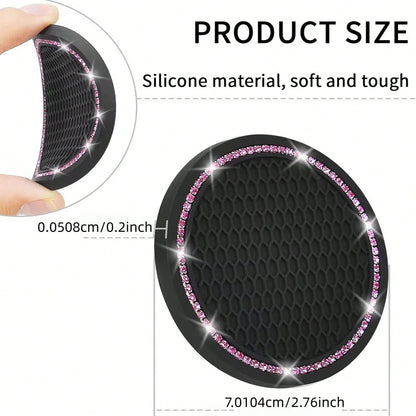 2pcs Shiny Car Cup Holder Coasters, Silicone Non-Slip Cup Mats With Pink Rhinestones, Universal Round Car Cup Holder Pads, Women Car Interior Accessories