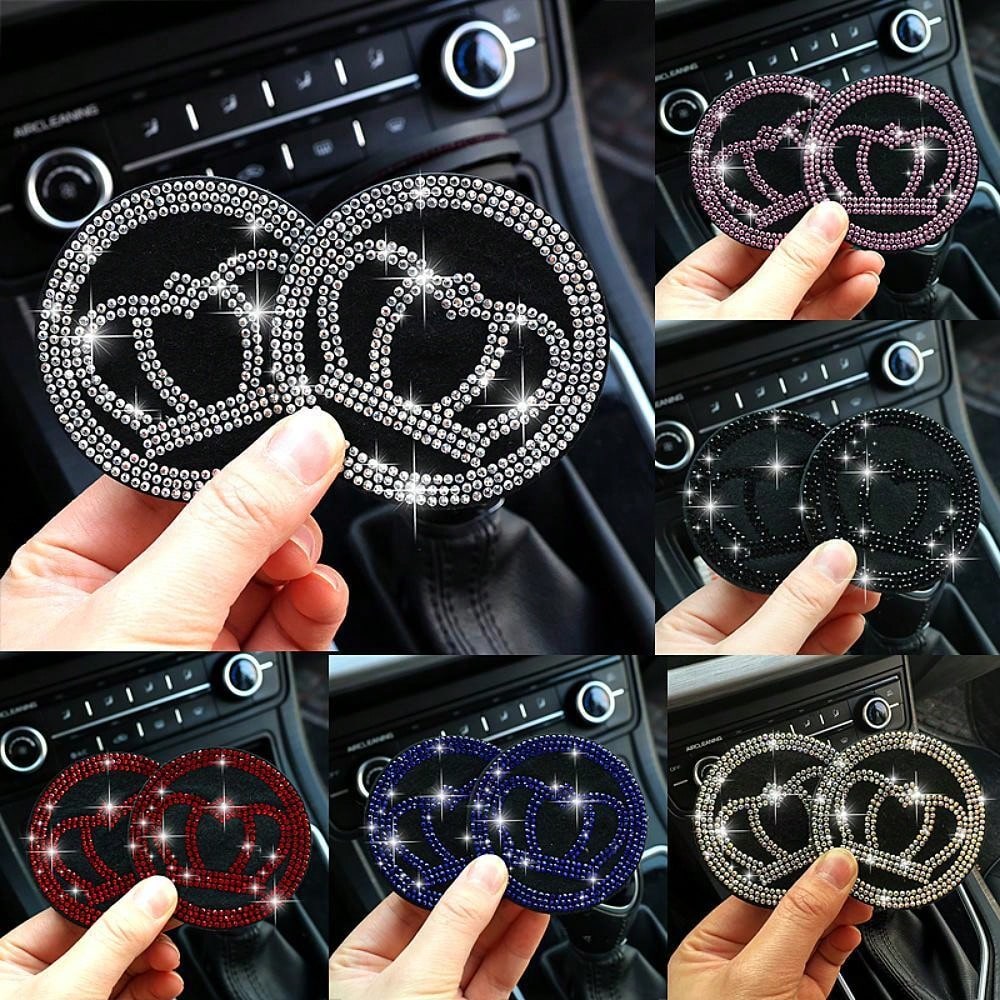 2pcs Shiny Car Cup Holder Coasters, Silicone Non-Slip Cup Mats With Pink Rhinestones, Universal Round Car Cup Holder Pads, Women Car Interior Accessories