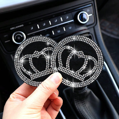 2pcs Shiny Car Cup Holder Coasters, Silicone Non-Slip Cup Mats With Pink Rhinestones, Universal Round Car Cup Holder Pads, Women Car Interior Accessories