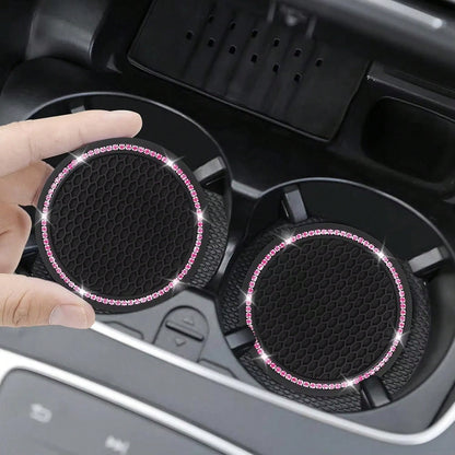 2pcs Shiny Car Cup Holder Coasters, Silicone Non-Slip Cup Mats With Pink Rhinestones, Universal Round Car Cup Holder Pads, Women Car Interior Accessories