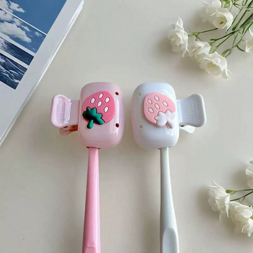2pcs Strawberry Shaped Toothbrush Holder, Dust-Proof Toothbrush Cover, Cute Strawberry Pattern, White And Pink Color Scheme, Compact And Portable, Easy To Carry, Protects Toothbrush Head, Dual Hole De