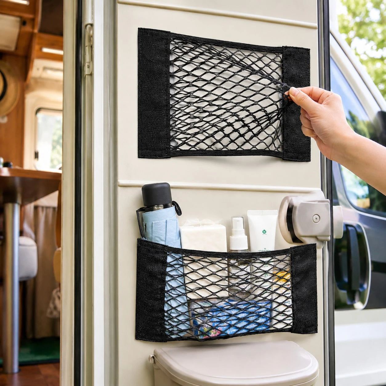 2PCS Universal Elastic Mesh Storage Net Pockets With Self-Adhesive Strips, Car Trunk Organizer For RV, Camper, SUV, Van, Boat, Home And Office, Flexible Wall-Mounted Cargo Storage Holder