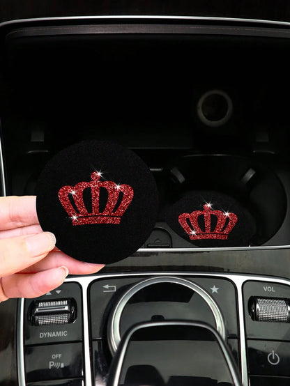 2pcs Waterproof Rubber Bling Crown Sparkling Car Coaster Cup Holder Non-Slip Mat Car Accessories