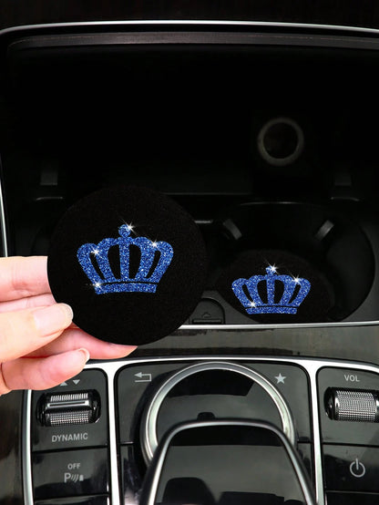 2pcs Waterproof Rubber Bling Crown Sparkling Car Coaster Cup Holder Non-Slip Mat Car Accessories