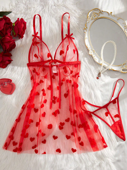 2pcs Women's Sexy Floral Mesh Robe Set, Front Tie Bow Decor Lingerie Set, Date Night