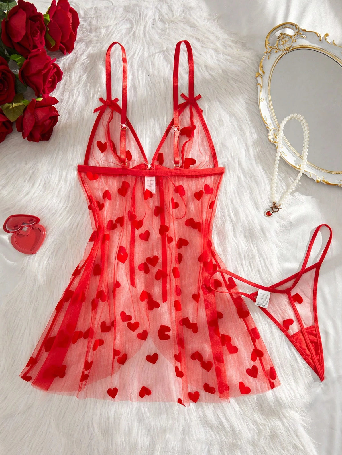 2pcs Women's Sexy Floral Mesh Robe Set, Front Tie Bow Decor Lingerie Set, Date Night