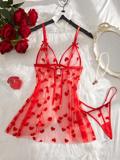 2pcs Women's Sexy Floral Mesh Robe Set, Front Tie Bow Decor Lingerie Set, Date Night