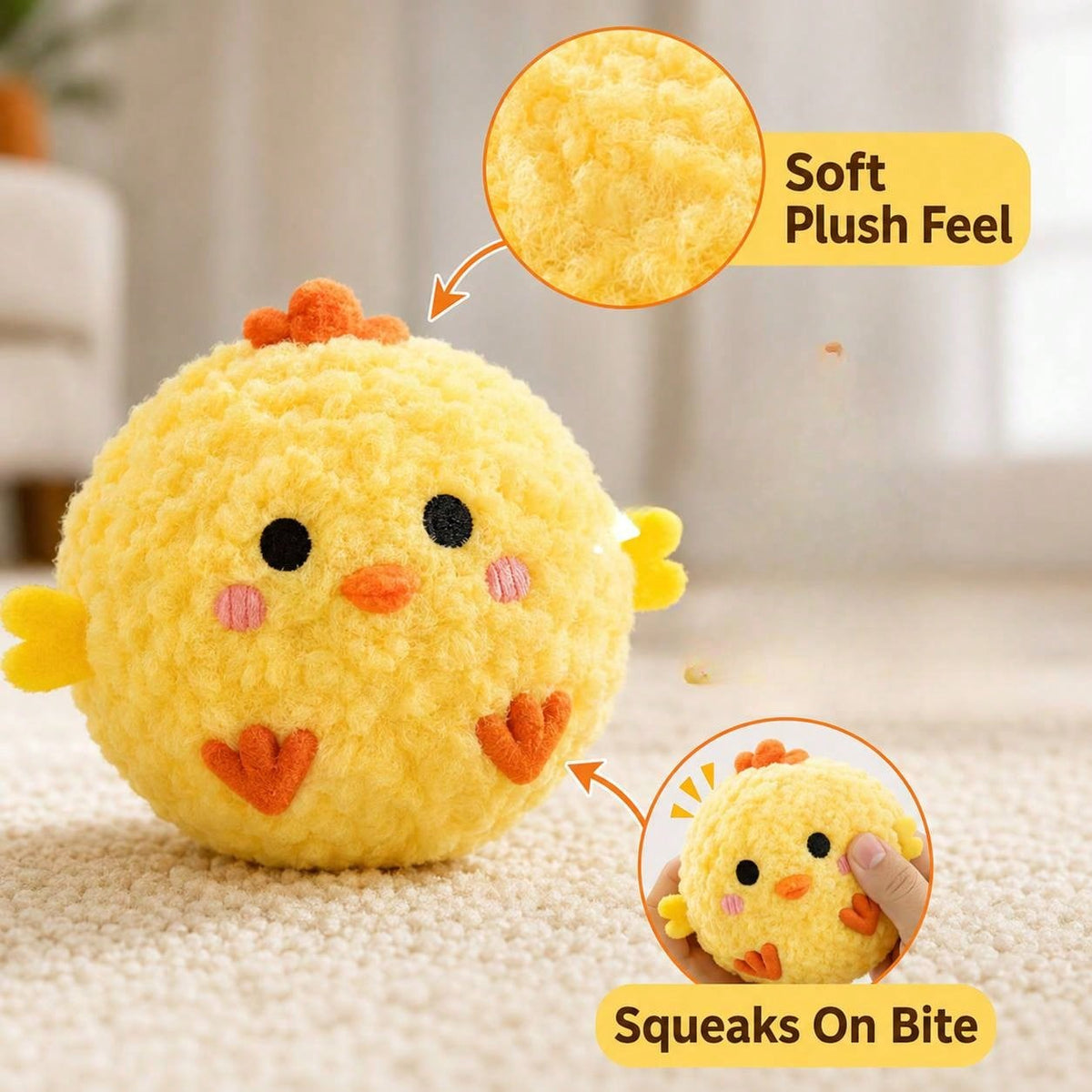 2pcs Yellow Chick Pet Interactive Bouncing Squeaky Toy Ball, Dog & Cat Boredom Relief Companion Toy, Sound-Attracting For Pets