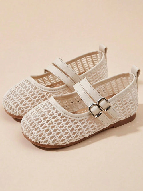 3-12 Years Old Girls Adjustable Strap Beige Mary Jane Sandals, Silver Buckle Mesh Double Strap, Minimalist Fashion For School And Party Wear, Back To School