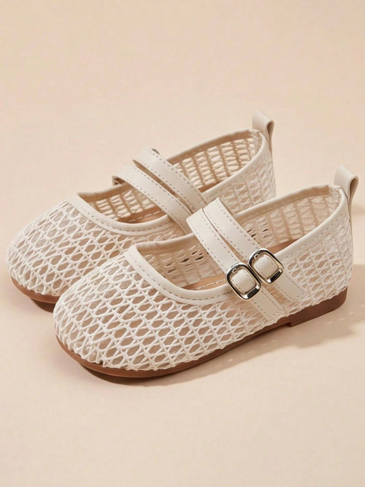 3-12 Years Old Girls Adjustable Strap Beige Mary Jane Sandals, Silver Buckle Mesh Double Strap, Minimalist Fashion For School And Party Wear, Back To School