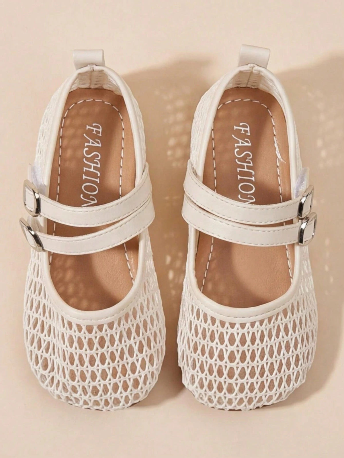 3-12 Years Old Girls Adjustable Strap Beige Mary Jane Sandals, Silver Buckle Mesh Double Strap, Minimalist Fashion For School And Party Wear, Back To School