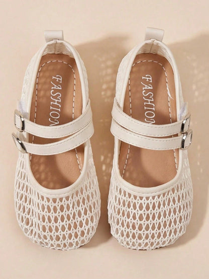3-12 Years Old Girls Adjustable Strap Beige Mary Jane Sandals, Silver Buckle Mesh Double Strap, Minimalist Fashion For School And Party Wear, Back To School