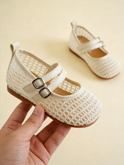 3-12 Years Old Girls Adjustable Strap Beige Mary Jane Sandals, Silver Buckle Mesh Double Strap, Minimalist Fashion For School And Party Wear, Back To School
