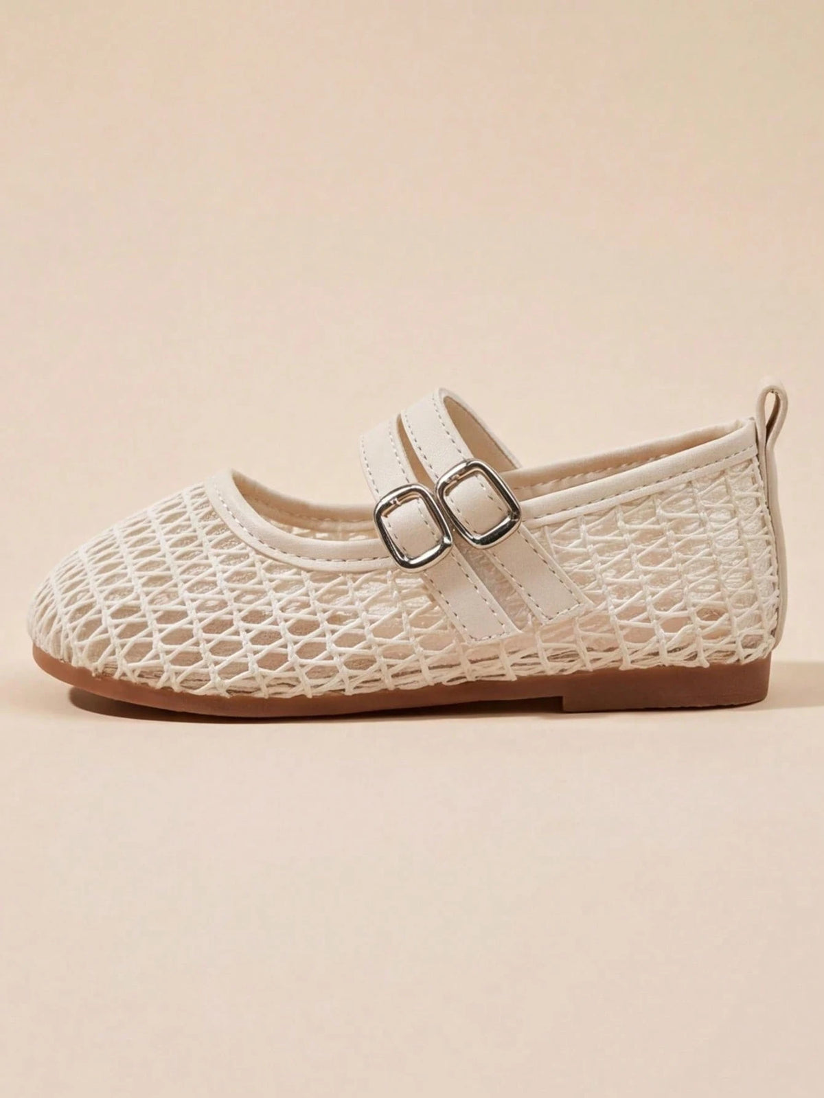 3-12 Years Old Girls Adjustable Strap Beige Mary Jane Sandals, Silver Buckle Mesh Double Strap, Minimalist Fashion For School And Party Wear, Back To School