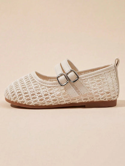 3-12 Years Old Girls Adjustable Strap Beige Mary Jane Sandals, Silver Buckle Mesh Double Strap, Minimalist Fashion For School And Party Wear, Back To School