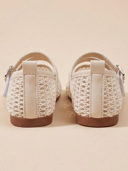 3-12 Years Old Girls Adjustable Strap Beige Mary Jane Sandals, Silver Buckle Mesh Double Strap, Minimalist Fashion For School And Party Wear, Back To School