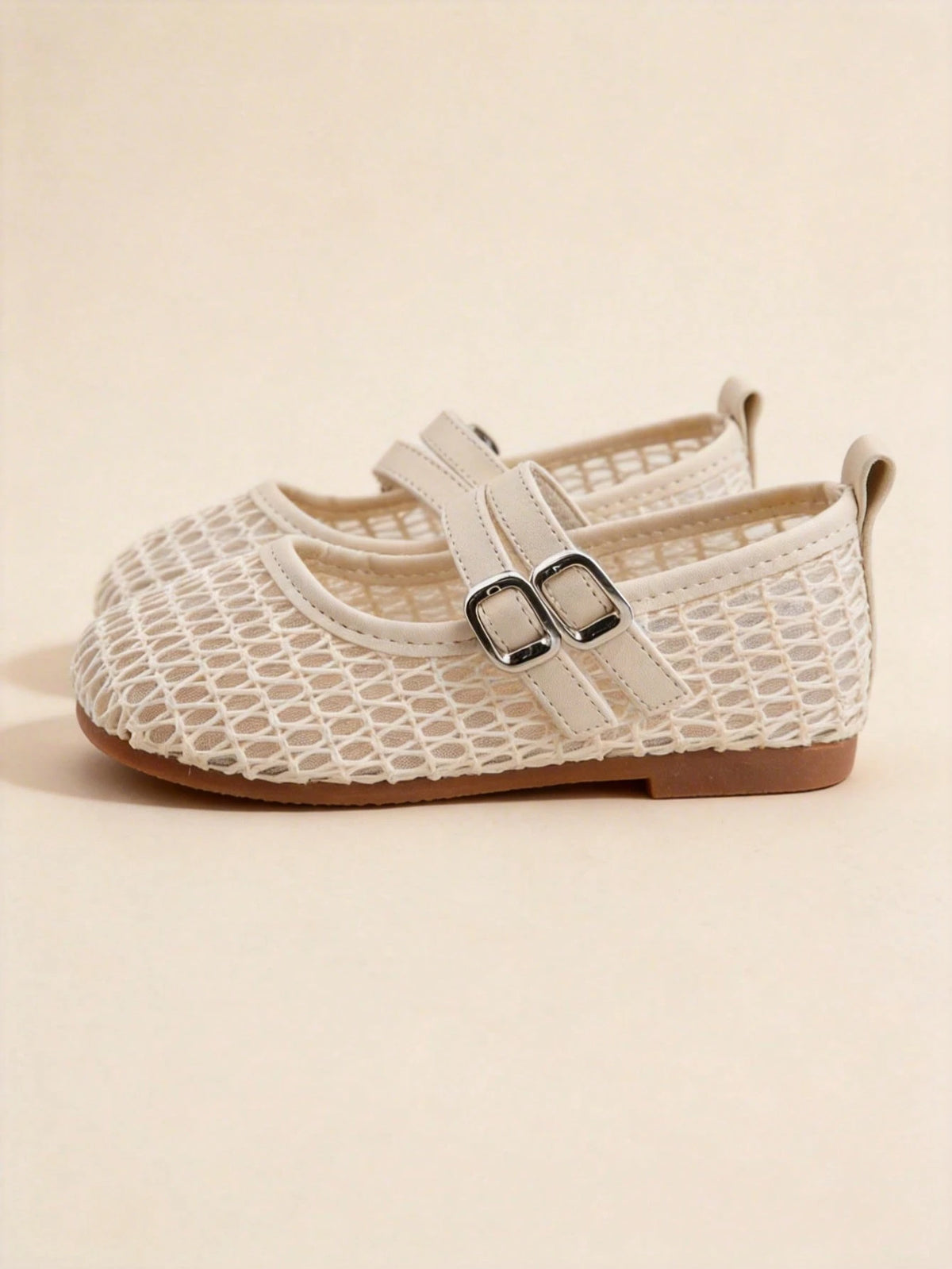 3-12 Years Old Girls Adjustable Strap Beige Mary Jane Sandals, Silver Buckle Mesh Double Strap, Minimalist Fashion For School And Party Wear, Back To School